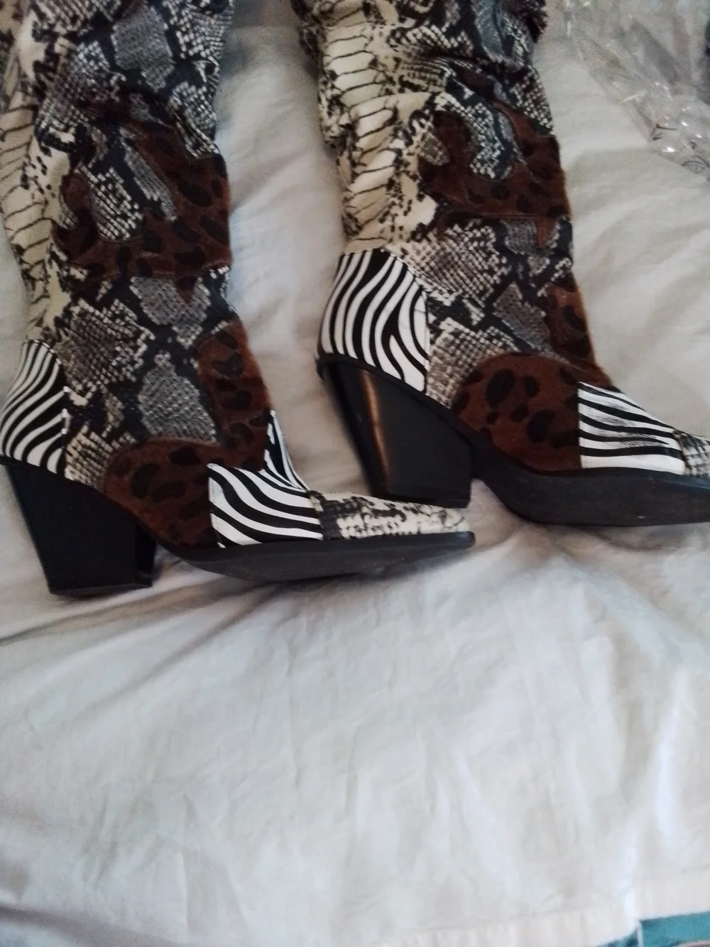 Over-the-Knee Mixed-Animal Print Boots - Black, White & Brown